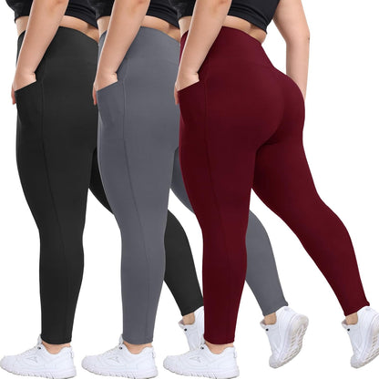 3 Pack Plus Size Leggings with Pockets for Women - Black High Waisted Tummy Control Soft Yoga Pants for Gym Workout