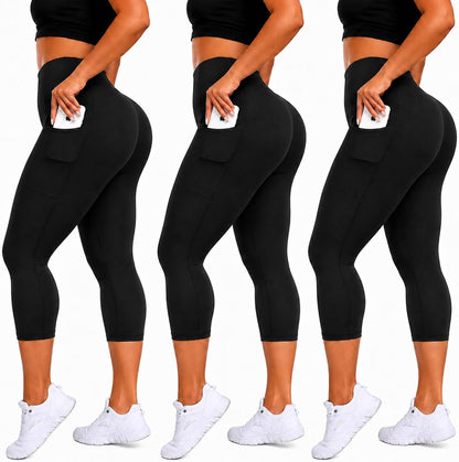3 Pack Plus Size Leggings with Pockets for Women - Black High Waisted Tummy Control Soft Yoga Pants for Gym Workout