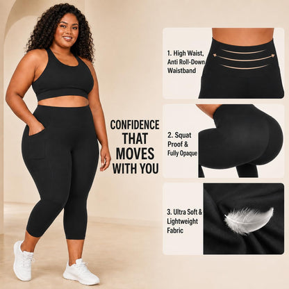 3 Pack Plus Size Leggings with Pockets for Women - Black High Waisted Tummy Control Soft Yoga Pants for Gym Workout