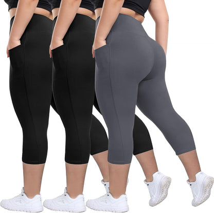 3 Pack Plus Size Leggings with Pockets for Women - Black High Waisted Tummy Control Soft Yoga Pants for Gym Workout