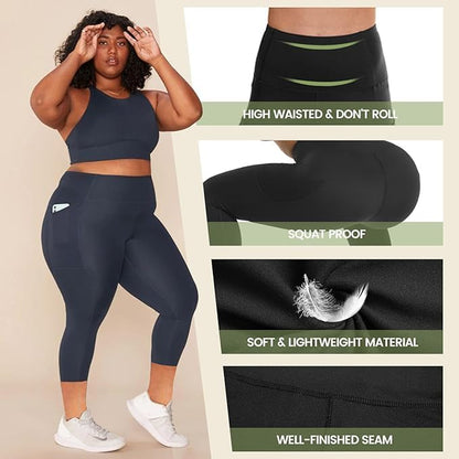 3 Pack Plus Size Leggings with Pockets for Women - Black High Waisted Tummy Control Soft Yoga Pants for Gym Workout