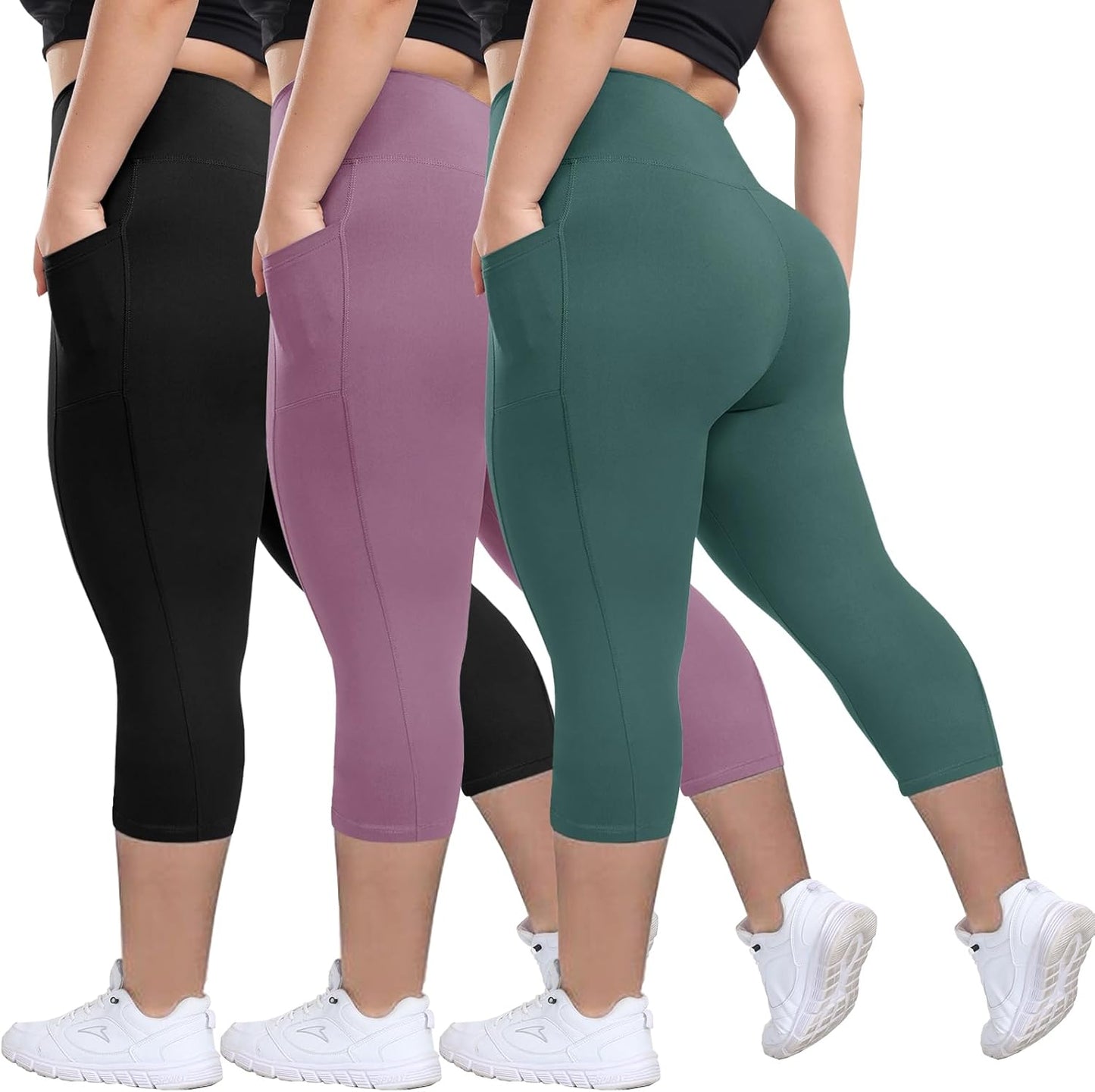 3 Pack Plus Size Leggings with Pockets for Women - Black High Waisted Tummy Control Soft Yoga Pants for Gym Workout