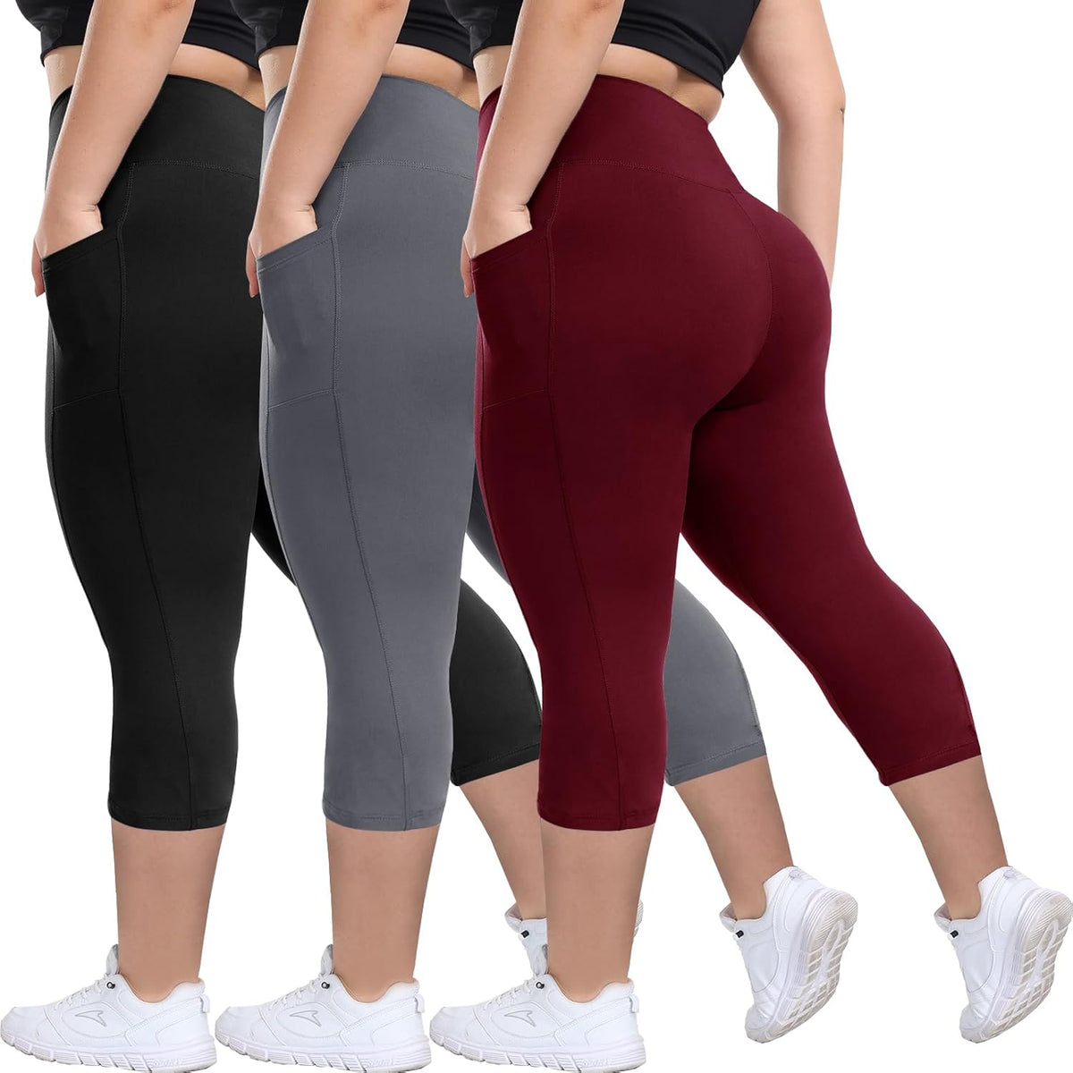 3 Pack Plus Size Leggings with Pockets for Women - Black High Waisted Tummy Control Soft Yoga Pants for Gym Workout
