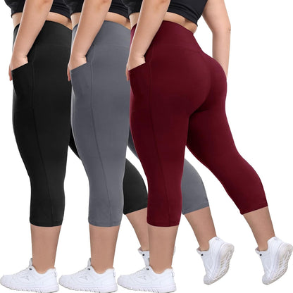 3 Pack Plus Size Leggings with Pockets for Women - Black High Waisted Tummy Control Soft Yoga Pants for Gym Workout