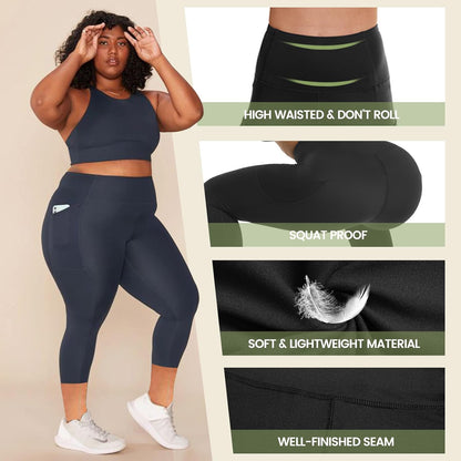 3 Pack Plus Size Leggings with Pockets for Women - Black High Waisted Tummy Control Soft Yoga Pants for Gym Workout