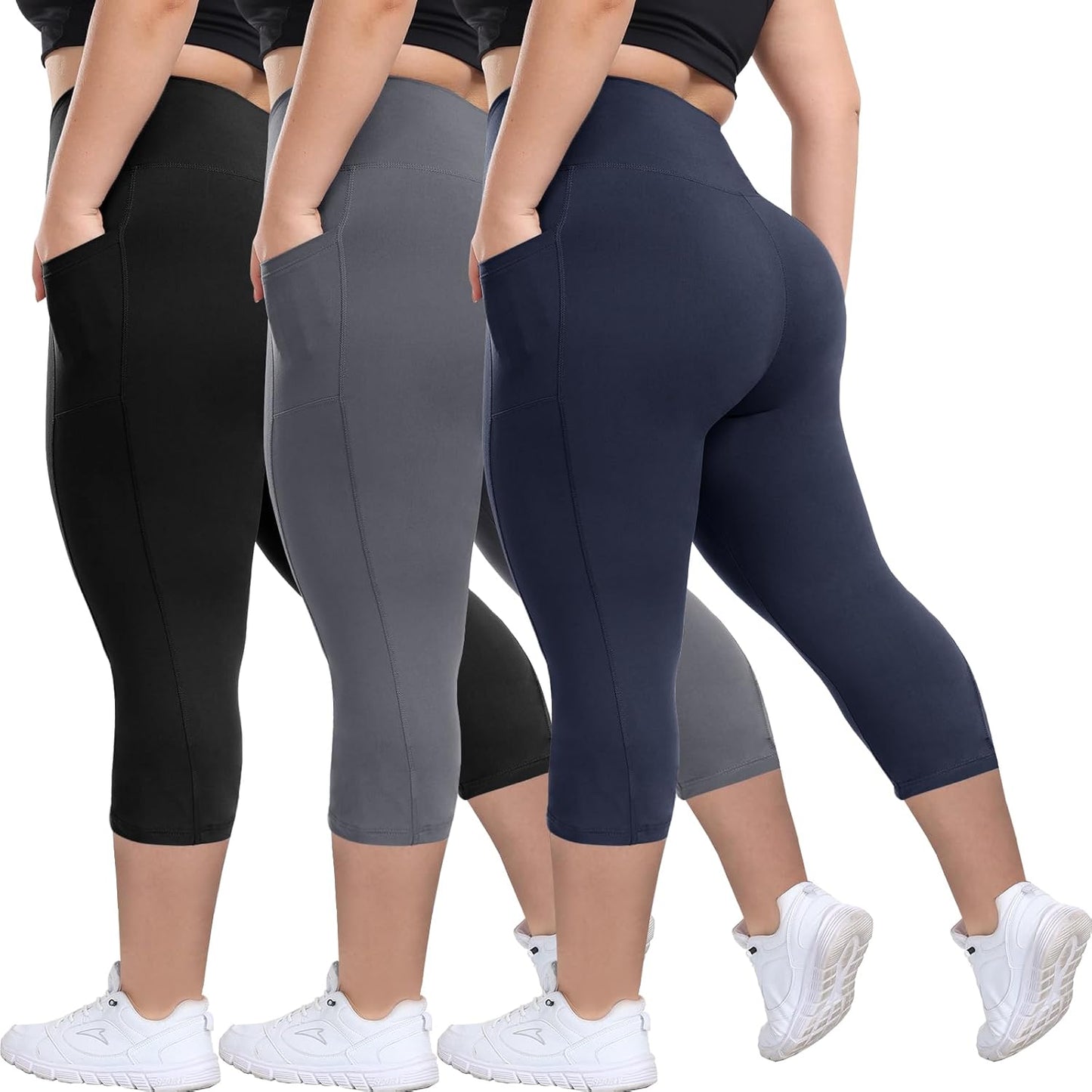 3 Pack Plus Size Leggings with Pockets for Women - Black High Waisted Tummy Control Soft Yoga Pants for Gym Workout