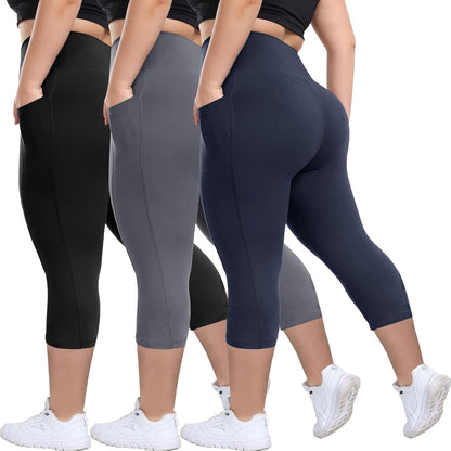 3 Pack Plus Size Leggings with Pockets for Women - Black High Waisted Tummy Control Soft Yoga Pants for Gym Workout