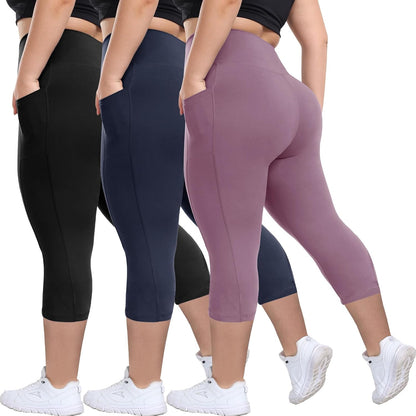 3 Pack Plus Size Leggings with Pockets for Women - Black High Waisted Tummy Control Soft Yoga Pants for Gym Workout