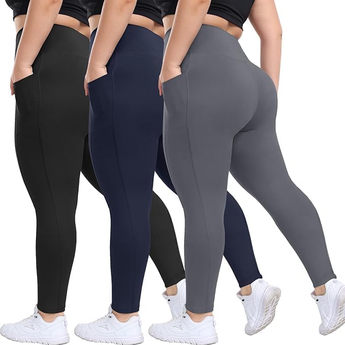 3 Pack Plus Size Leggings with Pockets for Women - Black High Waisted Tummy Control Soft Yoga Pants for Gym Workout