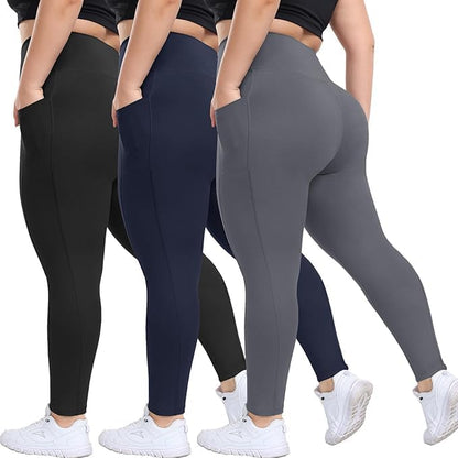 3 Pack Plus Size Leggings with Pockets for Women - Black High Waisted Tummy Control Soft Yoga Pants for Gym Workout