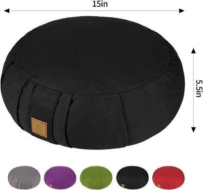 Round Zafu Meditation Cushion, D=15" H=5.5" Zabuton Meditation Pillow, Yoga Bolster/Pillow, Floor seat, Zippered Organic Cotton Cover, Natural Buckwheat, Kneeling Pillow