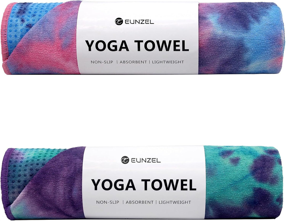 2 Pack Hot Yoga Towel with Grip Dot, Non Slip Yoga Mat Towe Sweat Absorbent Towel for Hot Yoga,Bikram, Pilates and Fitness 72" x 24", Dark Cyan/Steel Blue