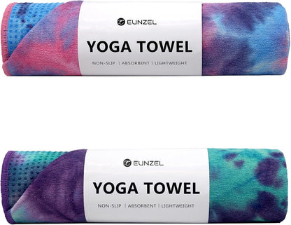 2 Pack Hot Yoga Towel with Grip Dot, Non Slip Yoga Mat Towe Sweat Absorbent Towel for Hot Yoga,Bikram, Pilates and Fitness 72" x 24", Dark Cyan/Steel Blue