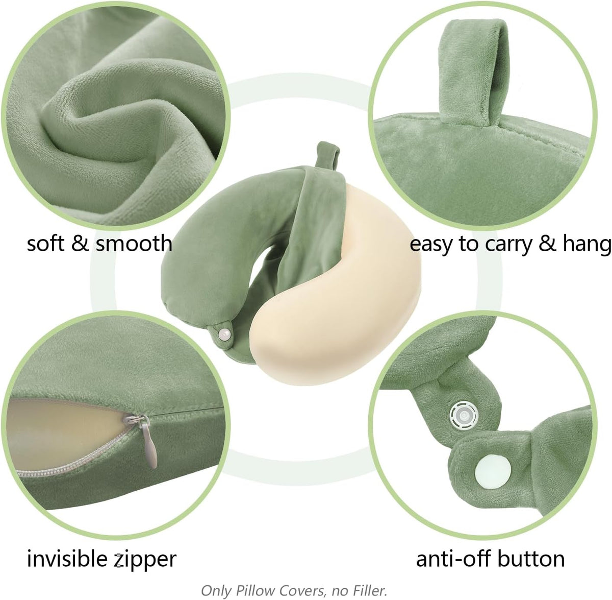 Travel Neck Pillow Cover, U Shaped Neck Pillow Case, Green