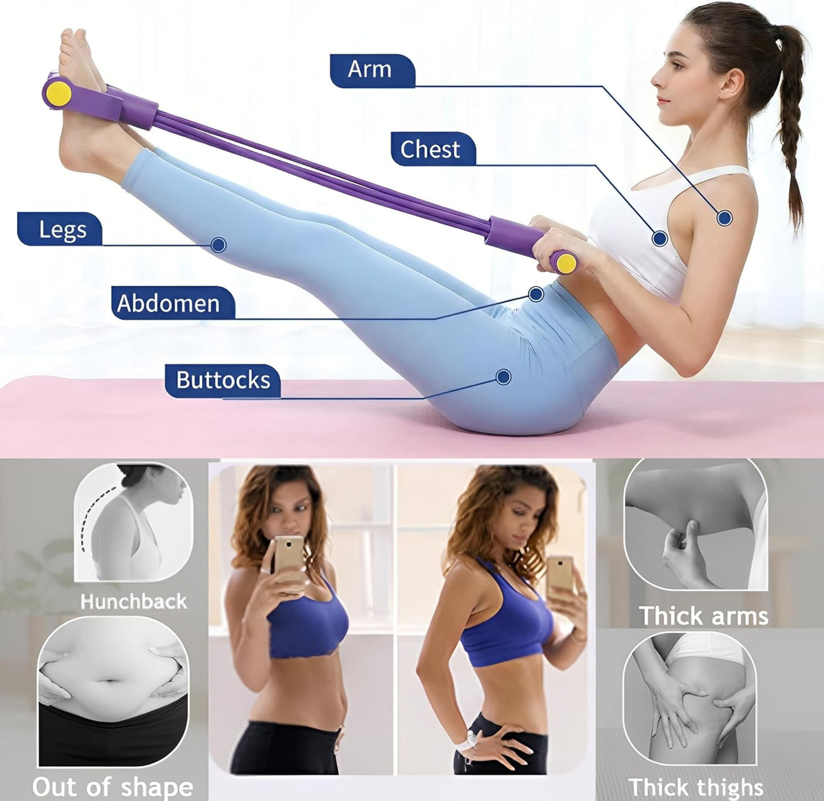 Pedal Resistance Bands with Handles for Women, 6-Tube Durable Pedal Exerciser for Home & Office Workout, Natural Rubber Resistance Band for Full Body Toning, Training Abdomen, Waist, Arms & Legs