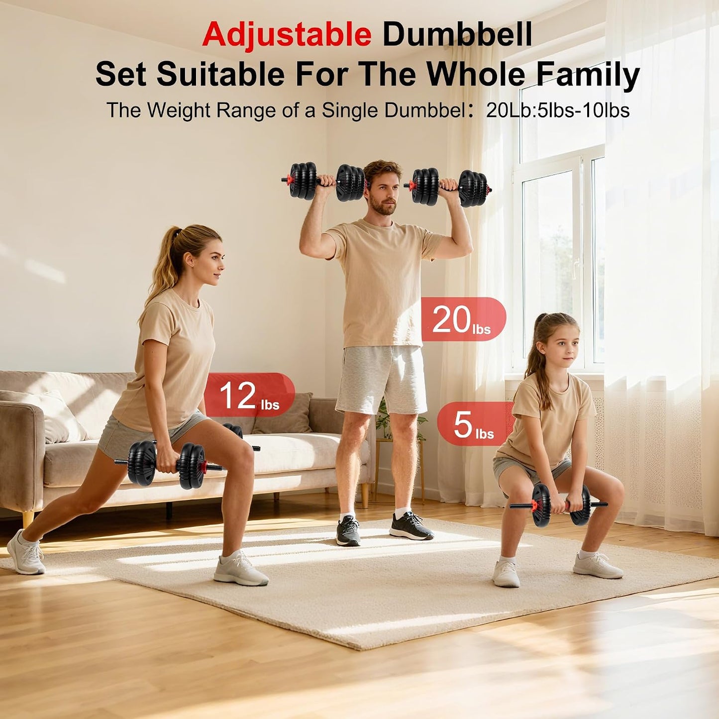 Adjustable Dumbbell Set,20/30/45/70/90lbs Free Weight with Connector | 5 in1 Dumbbells Set Used as Barbell, Kettlebells, Push up Stand,Weight Plate, Fitness Exercises for Home Gym