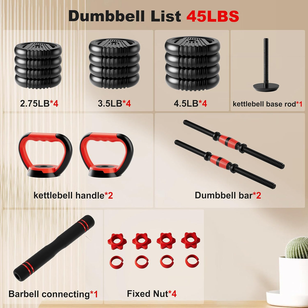 Adjustable Dumbbell Set,20/30/45/70/90lbs Free Weight with Connector | 5 in1 Dumbbells Set Used as Barbell, Kettlebells, Push up Stand,Weight Plate, Fitness Exercises for Home Gym