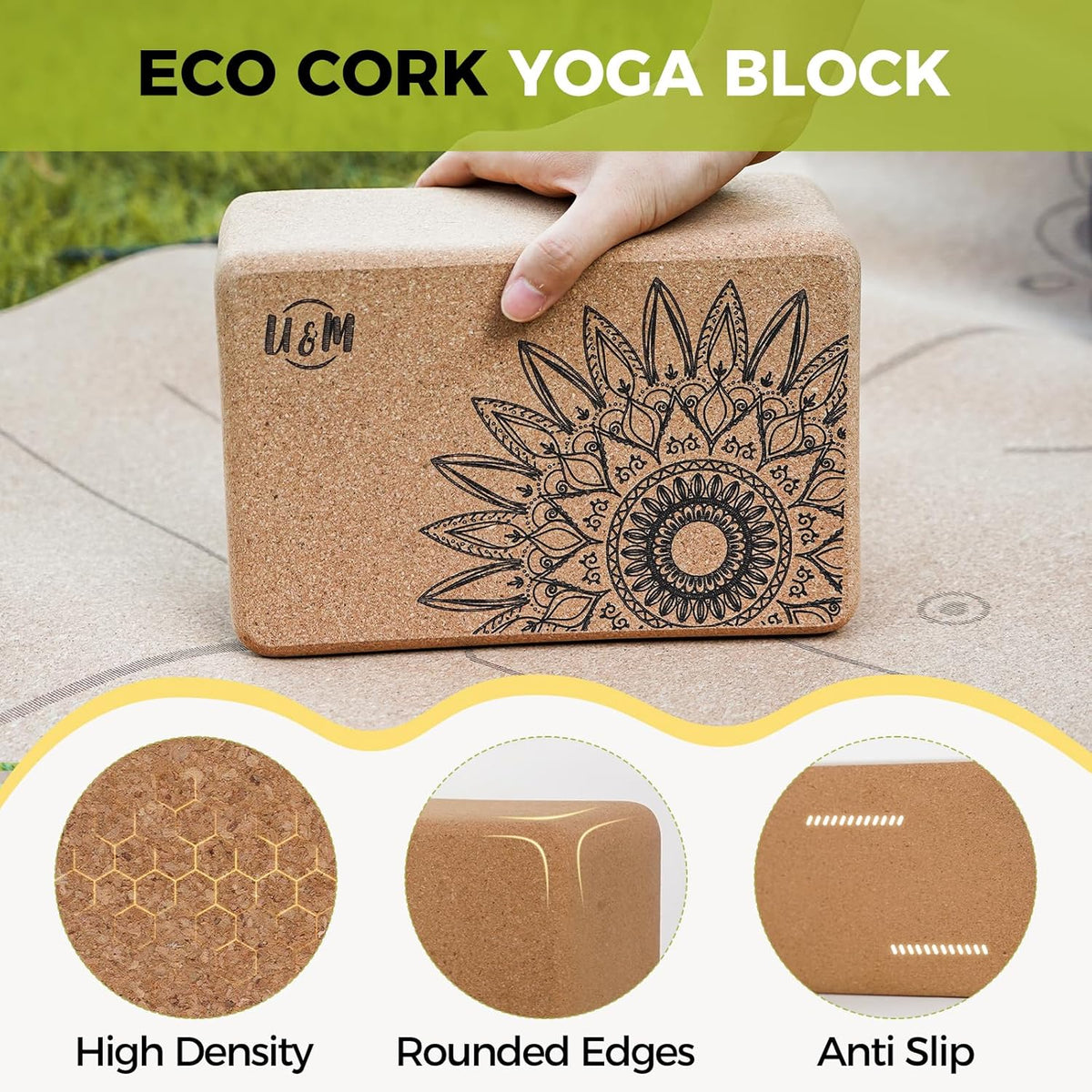 Cork Yoga Blocks 2 Pack Set,Natural Cork High Density 9"x6"x3" Yoga Blocks Odor-Resistant Non-Slip for Yoga, General Fitness, Pilates, Stretching and Toning (sunflower, 9'x6'x3')