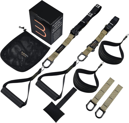 Suspension Trainer, Bodyweight Training Straps for Full Body Workouts at Home, Includes Door Anchor, Extension Arms and Advanced Foot Straps. Green