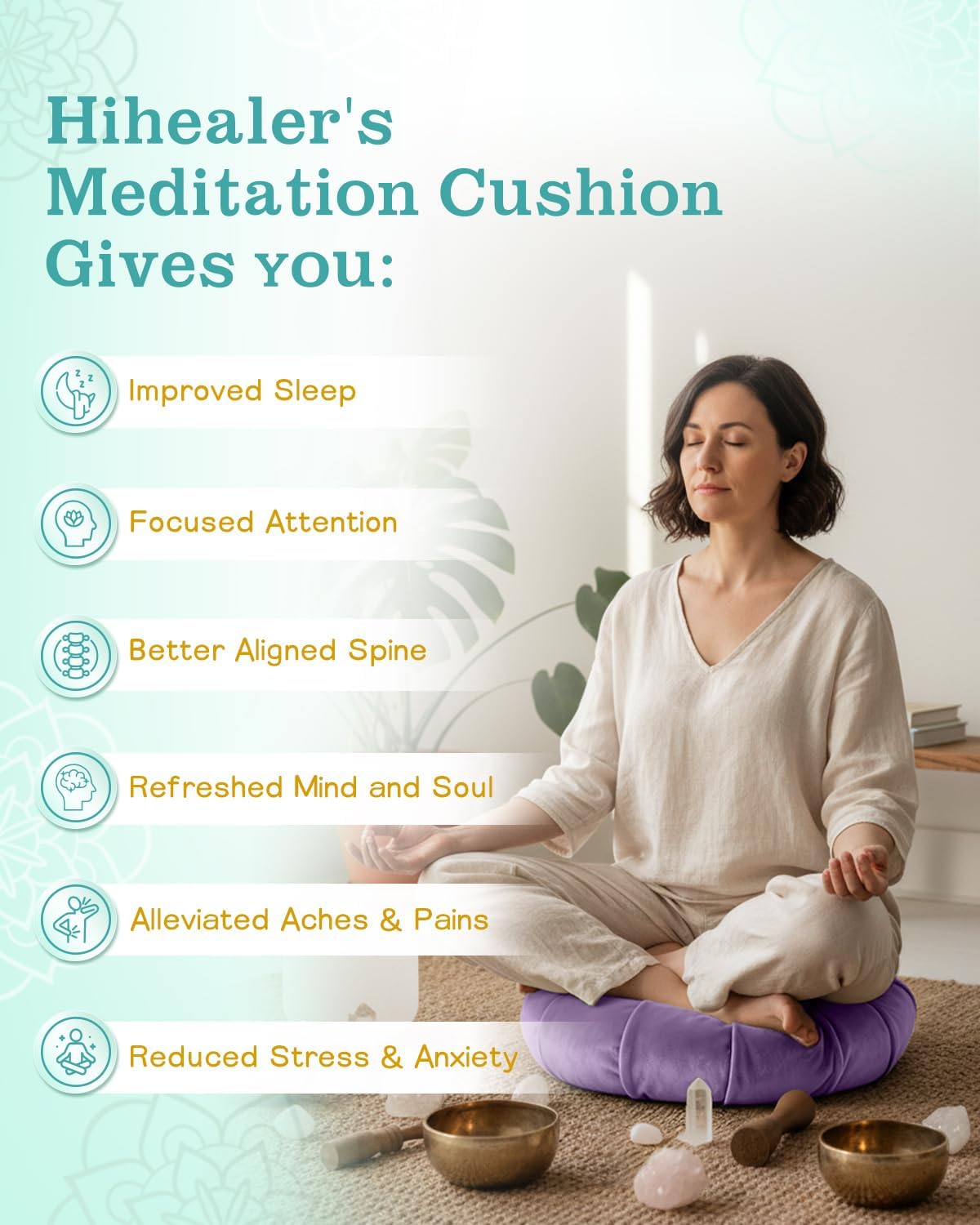 Premium Crescent Meditation Cushion, Ergonomic Buckwheat Hull Floor Pillow for Adults, Comfortable Yoga Bolster for Meditation & Floor Sitting (Purple)