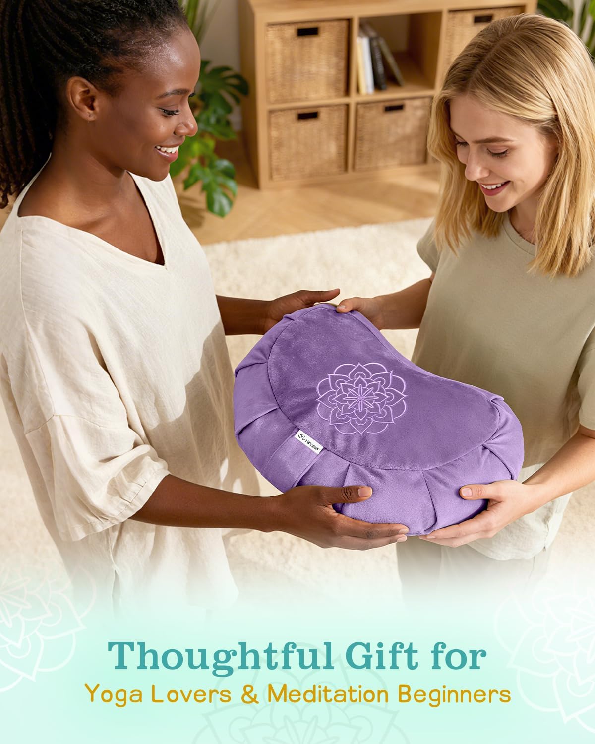 Premium Crescent Meditation Cushion, Ergonomic Buckwheat Hull Floor Pillow for Adults, Comfortable Yoga Bolster for Meditation & Floor Sitting (Purple)
