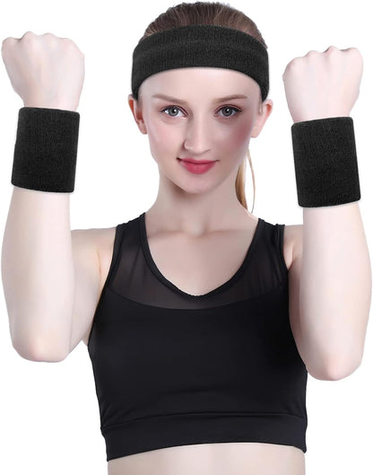 Sweatband Set Sports Headband Wristband Set Sweatbands Terry Cloth Wristband Wrist Sweatband Headbands Moisture Wicking Sweat Absorbing Head Band