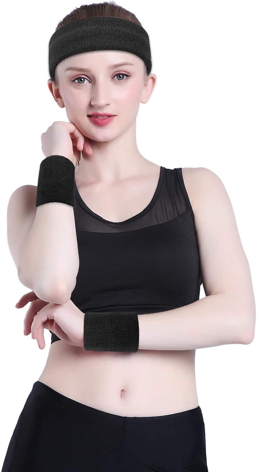 Sweatband Set Sports Headband Wristband Set Sweatbands Terry Cloth Wristband Wrist Sweatband Headbands Moisture Wicking Sweat Absorbing Head Band