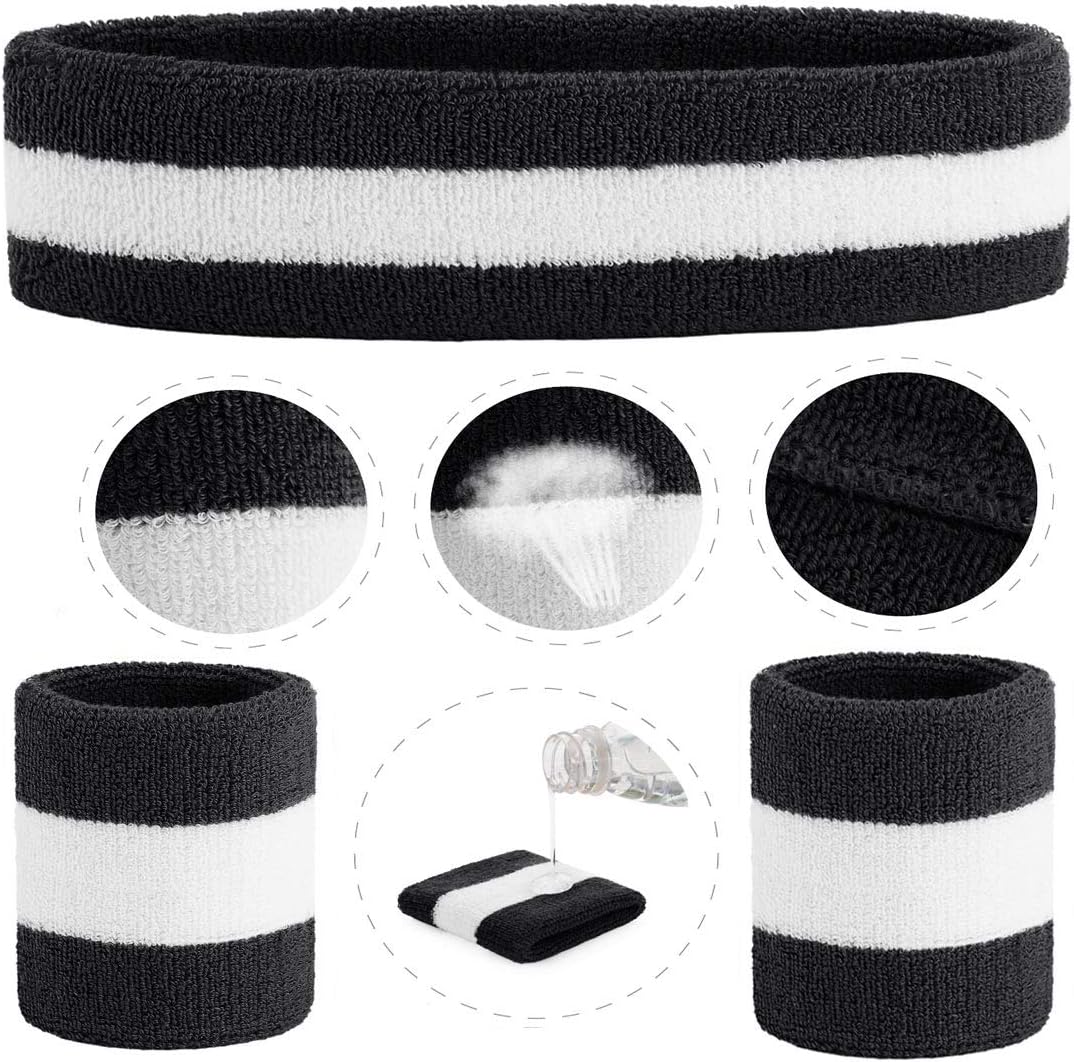 Sweatband Set Sports Headband Wristband Set Sweatbands Terry Cloth Wristband Wrist Sweatband Headbands Moisture Wicking Sweat Absorbing Head Band