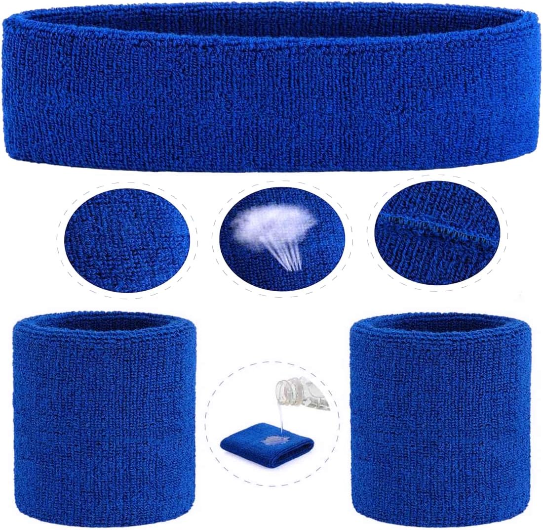 Sweatband Set Sports Headband Wristband Set Sweatbands Terry Cloth Wristband Wrist Sweatband Headbands Moisture Wicking Sweat Absorbing Head Band