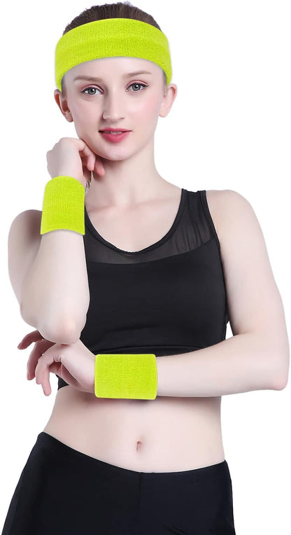 Sweatband Set Sports Headband Wristband Set Sweatbands Terry Cloth Wristband Wrist Sweatband Headbands Moisture Wicking Sweat Absorbing Head Band