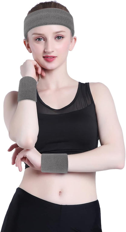 Sweatband Set Sports Headband Wristband Set Sweatbands Terry Cloth Wristband Wrist Sweatband Headbands Moisture Wicking Sweat Absorbing Head Band