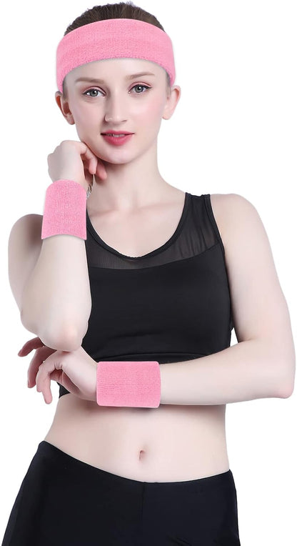 Sweatband Set Sports Headband Wristband Set Sweatbands Terry Cloth Wristband Wrist Sweatband Headbands Moisture Wicking Sweat Absorbing Head Band