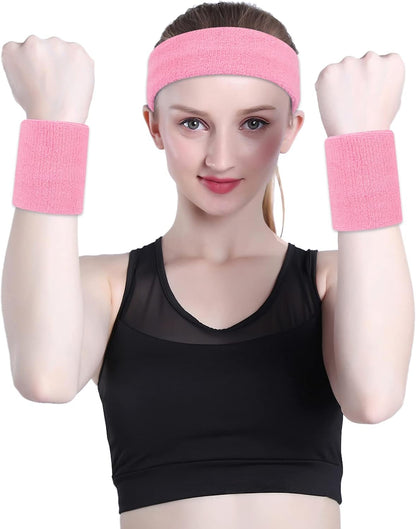 Sweatband Set Sports Headband Wristband Set Sweatbands Terry Cloth Wristband Wrist Sweatband Headbands Moisture Wicking Sweat Absorbing Head Band