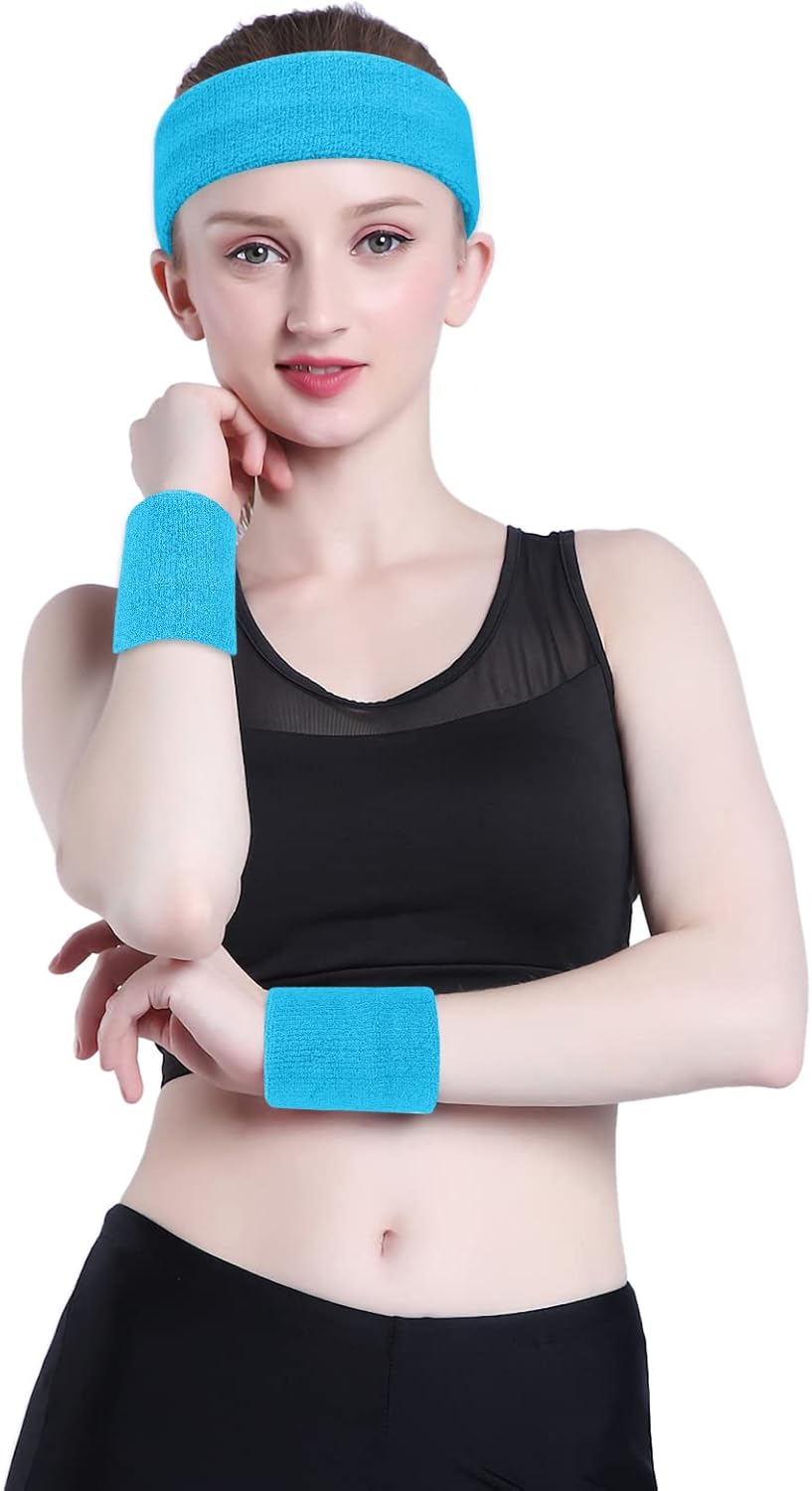 Sweatband Set Sports Headband Wristband Set Sweatbands Terry Cloth Wristband Wrist Sweatband Headbands Moisture Wicking Sweat Absorbing Head Band