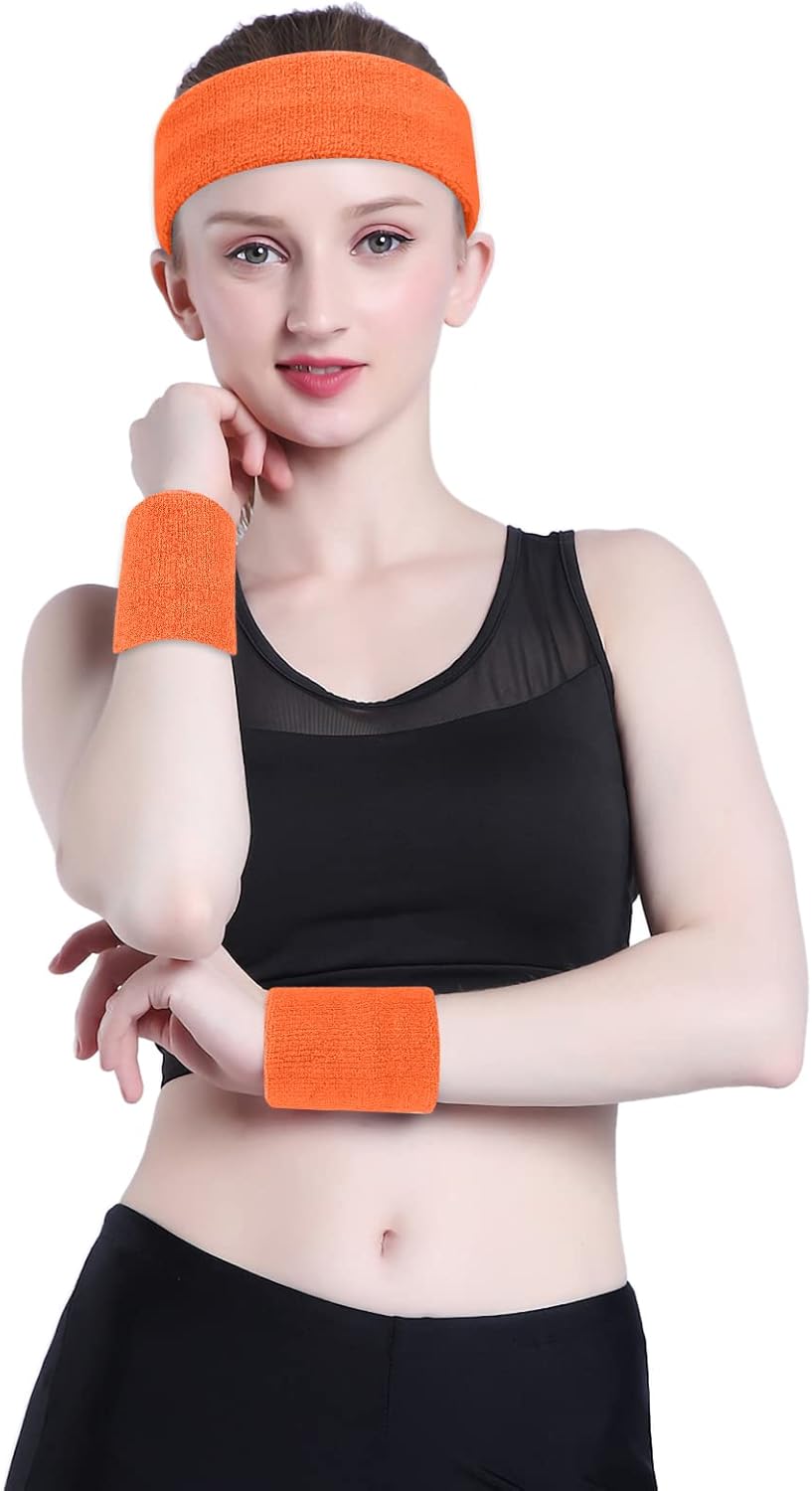Sweatband Set Sports Headband Wristband Set Sweatbands Terry Cloth Wristband Wrist Sweatband Headbands Moisture Wicking Sweat Absorbing Head Band