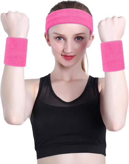 Sweatband Set Sports Headband Wristband Set Sweatbands Terry Cloth Wristband Wrist Sweatband Headbands Moisture Wicking Sweat Absorbing Head Band