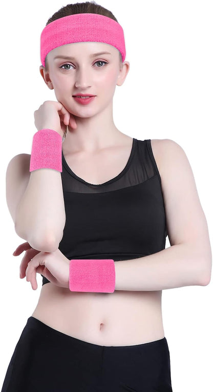 Sweatband Set Sports Headband Wristband Set Sweatbands Terry Cloth Wristband Wrist Sweatband Headbands Moisture Wicking Sweat Absorbing Head Band