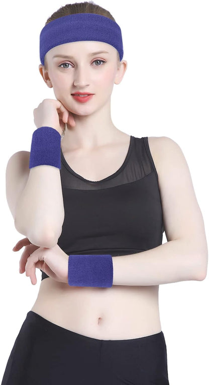 Sweatband Set Sports Headband Wristband Set Sweatbands Terry Cloth Wristband Wrist Sweatband Headbands Moisture Wicking Sweat Absorbing Head Band