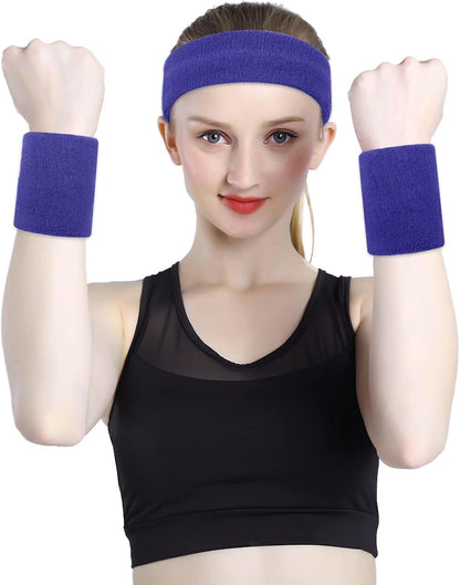 Sweatband Set Sports Headband Wristband Set Sweatbands Terry Cloth Wristband Wrist Sweatband Headbands Moisture Wicking Sweat Absorbing Head Band