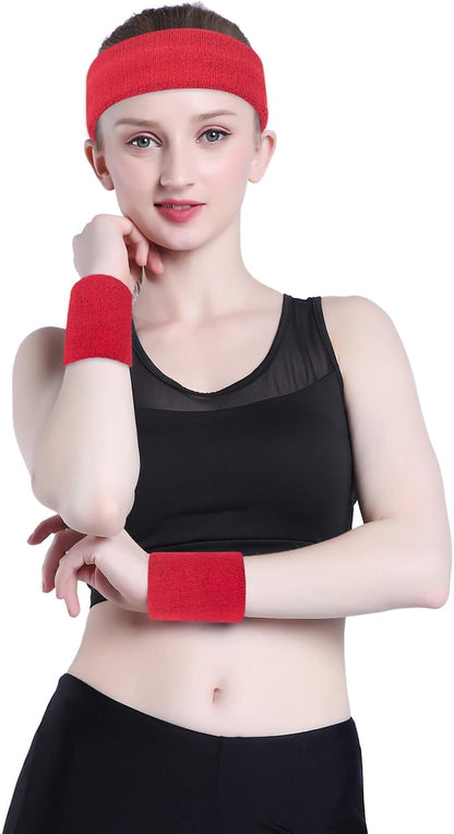 Sweatband Set Sports Headband Wristband Set Sweatbands Terry Cloth Wristband Wrist Sweatband Headbands Moisture Wicking Sweat Absorbing Head Band