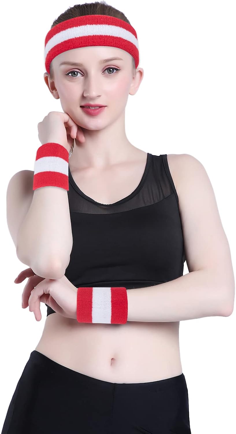 Sweatband Set Sports Headband Wristband Set Sweatbands Terry Cloth Wristband Wrist Sweatband Headbands Moisture Wicking Sweat Absorbing Head Band