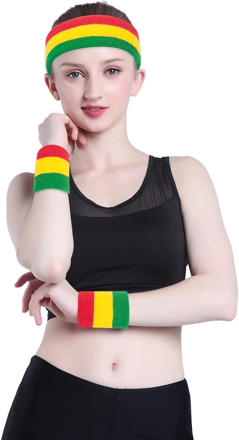 Sweatband Set Sports Headband Wristband Set Sweatbands Terry Cloth Wristband Wrist Sweatband Headbands Moisture Wicking Sweat Absorbing Head Band