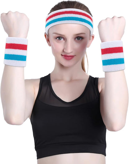 Sweatband Set Sports Headband Wristband Set Sweatbands Terry Cloth Wristband Wrist Sweatband Headbands Moisture Wicking Sweat Absorbing Head Band