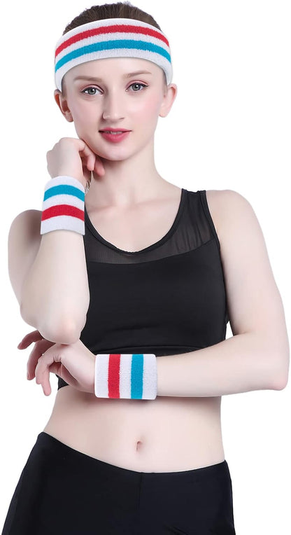 Sweatband Set Sports Headband Wristband Set Sweatbands Terry Cloth Wristband Wrist Sweatband Headbands Moisture Wicking Sweat Absorbing Head Band