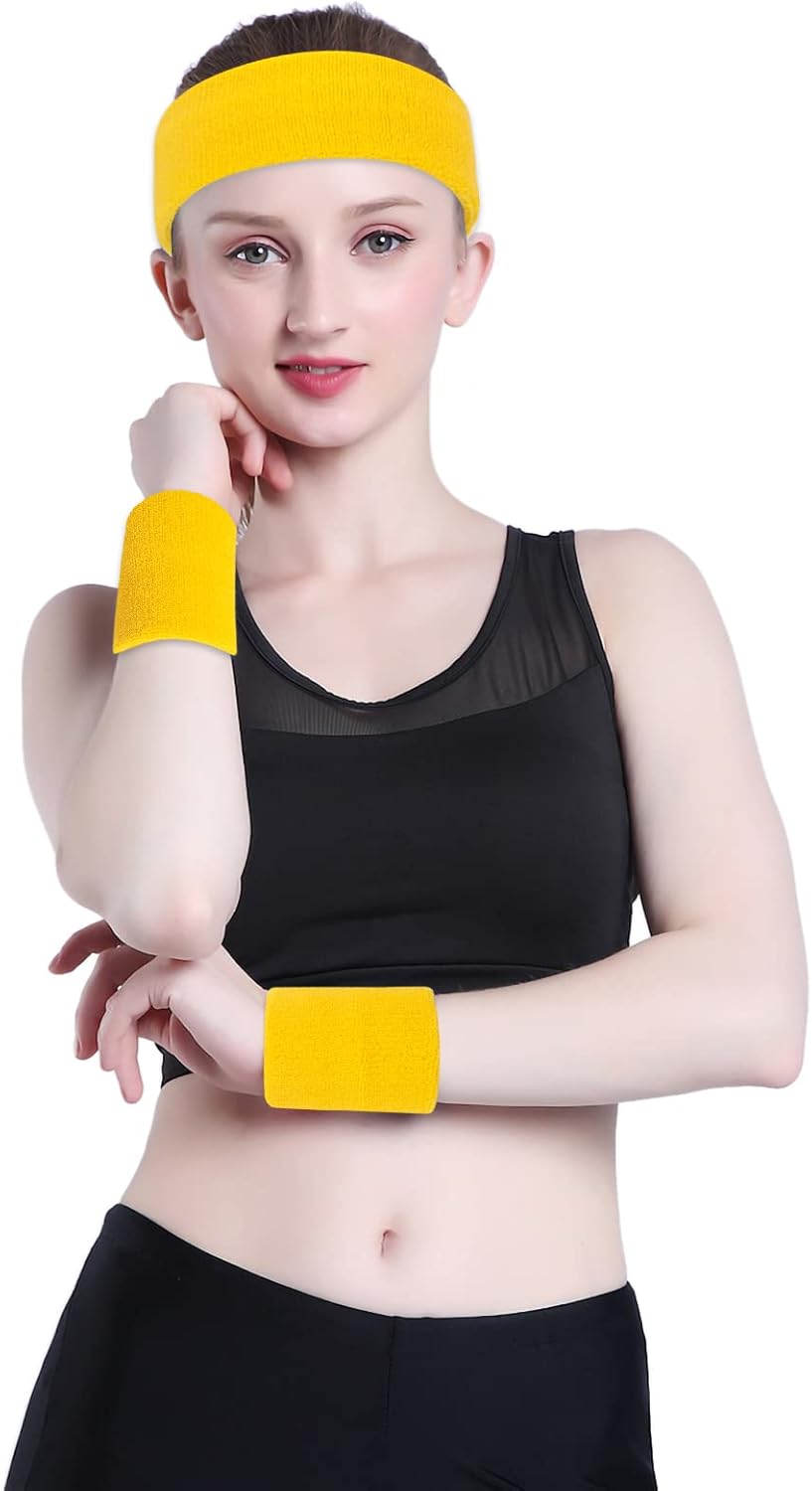 Sweatband Set Sports Headband Wristband Set Sweatbands Terry Cloth Wristband Wrist Sweatband Headbands Moisture Wicking Sweat Absorbing Head Band