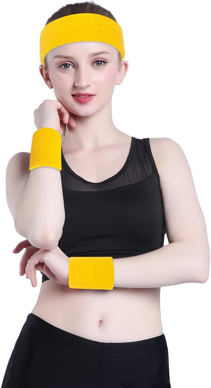 Sweatband Set Sports Headband Wristband Set Sweatbands Terry Cloth Wristband Wrist Sweatband Headbands Moisture Wicking Sweat Absorbing Head Band