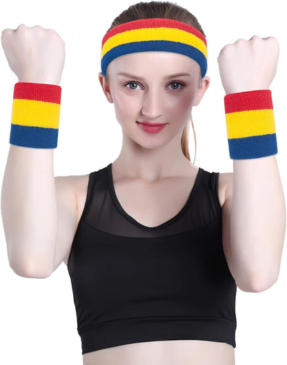 Sweatband Set Sports Headband Wristband Set Sweatbands Terry Cloth Wristband Wrist Sweatband Headbands Moisture Wicking Sweat Absorbing Head Band