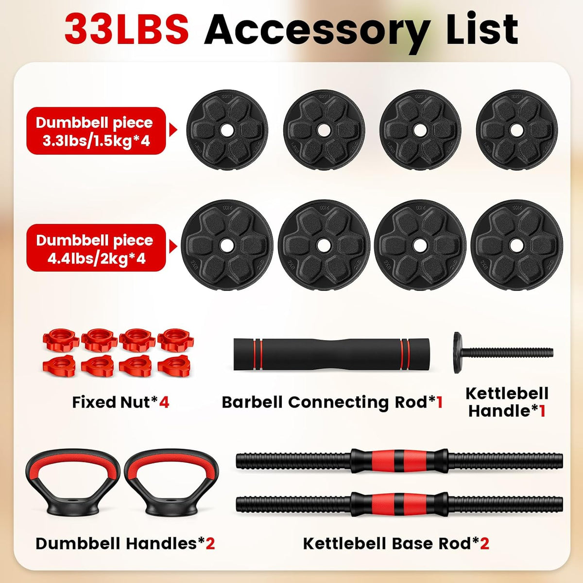 Adjustable Dumbbell Set, 20/33/45/70/90lbs Free Weight Set with Connector, 4 in1 Dumbbells Set Used as Barbell, Kettlebells, Push up Stand, Weight Set for Home Gym Suitable Men/Women