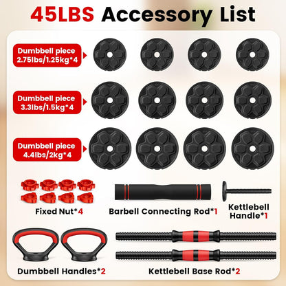 Adjustable Dumbbell Set, 20/33/45/70/90lbs Free Weight Set with Connector, 4 in1 Dumbbells Set Used as Barbell, Kettlebells, Push up Stand, Weight Set for Home Gym Suitable Men/Women