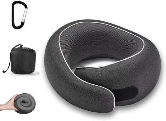 Travel Neck Pillow for Airplanes, Pure Memory Foam Neck Pillow with Washable Cover and Storage Bag, Ergonomic 360° Support for Sleeping, Car, Office, Home, Black